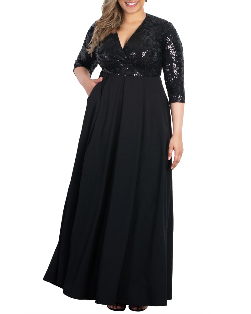 Front of a model wearing a size 0X Paris Pleated Sequin Gown in ONYX by Kiyonna. | dia_product_style_image_id:271611